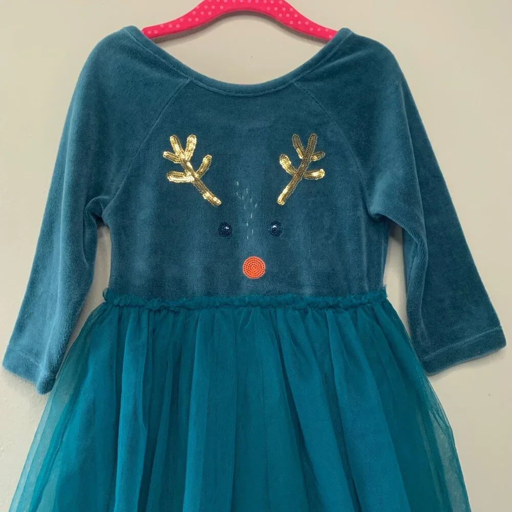 MINI BODEN Reindeer Dress Girls 5-6 5T 116cm Green Velour Tulle Christmas Girl - Picture 3 of 6